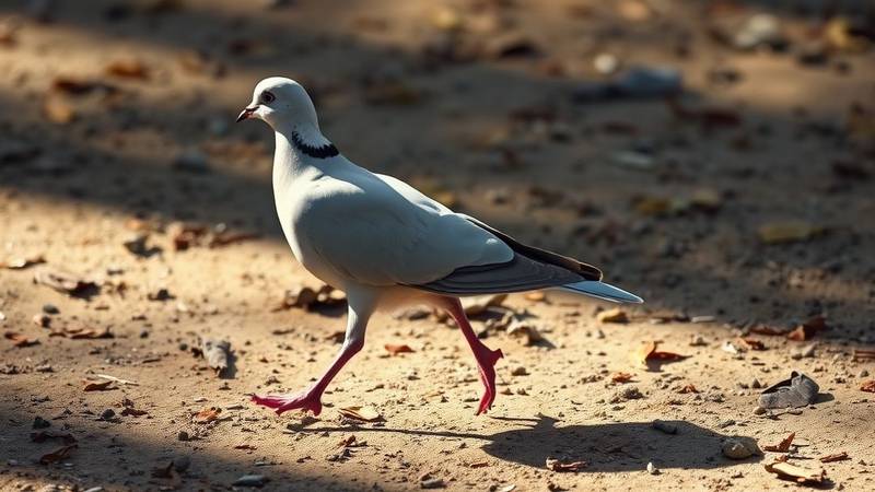 A Eurasian Collared-Dove walking on the ground, showing its uniform plumage and half-collar.