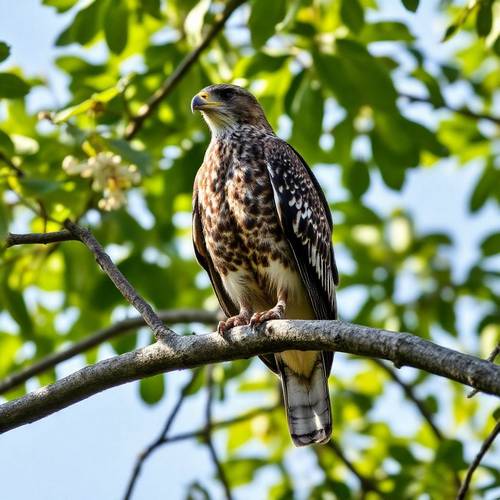 A Common Buzzard perched on a tree branch, looking attentively.