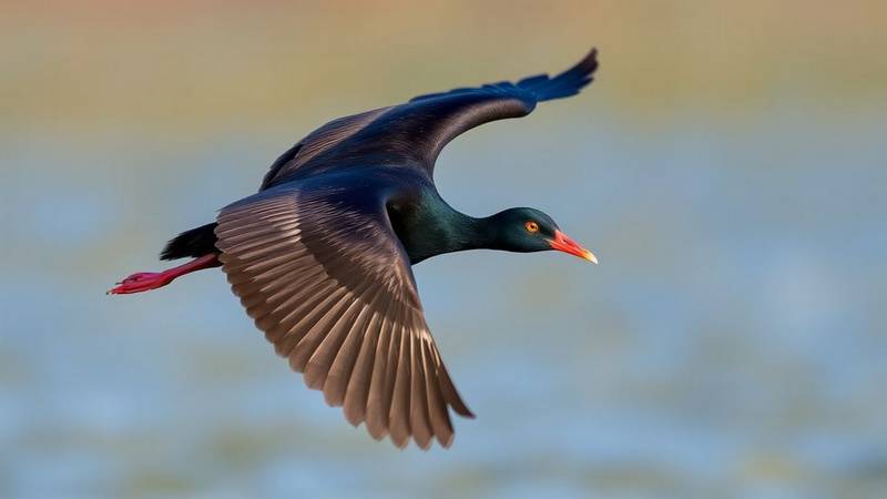 A Common Moorhen in flight over water.
