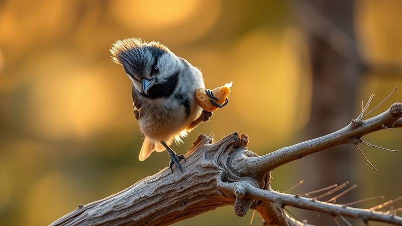 A Crested Tit skillfully handling a pine seed.