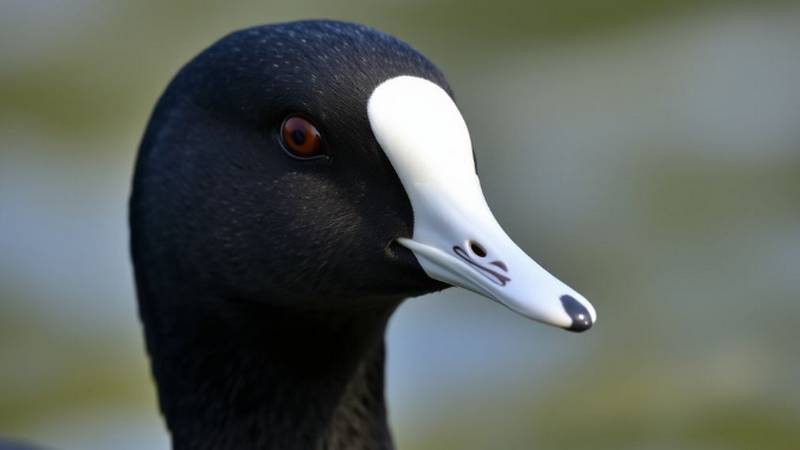 Close-up of a Eurasian Coot's distinctive white frontal shield and bill.