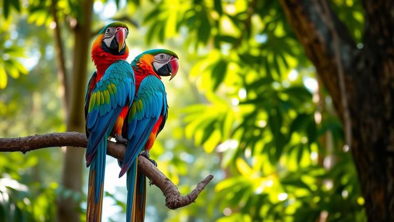 Pair of brightly colored macaw parrots on a branch.
