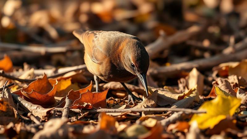 A female Common Blackbird, with brown plumage and a dark beak, searching for food on the ground.