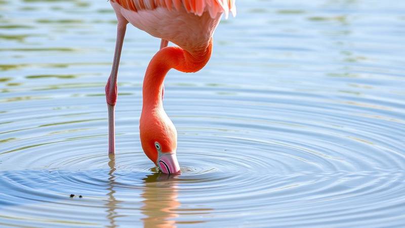 A pink flamingo with its head upside down in the water, filtering for food.