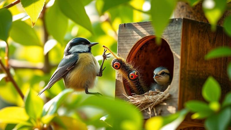 A Great Tit bringing a caterpillar to its chick in a nest box.