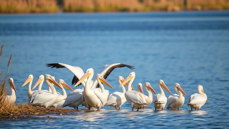 A group of Great White Pelicans by the water, showcasing their large size and characteristic beaks.