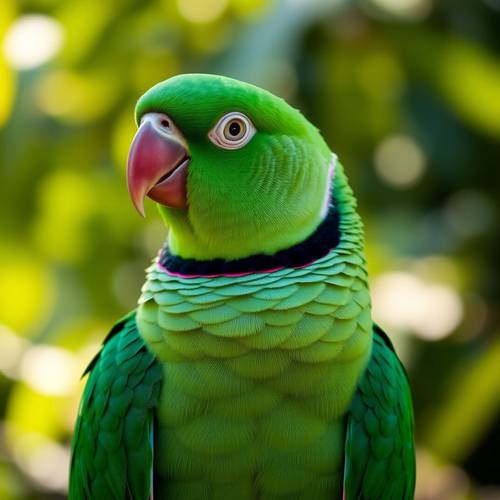 Portrait of a green Rose-ringed Parakeet.