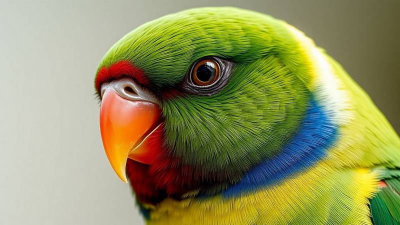 Close-up of a Green Rosella's distinctive yellow head, blue cheek, and red frontal band.