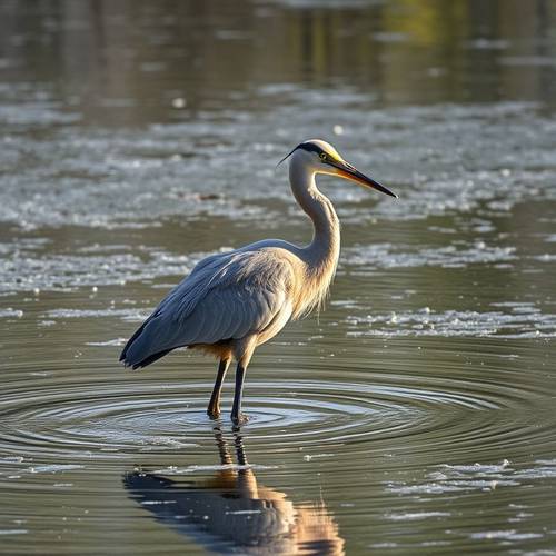 A Grey Heron standing still at the water's edge.