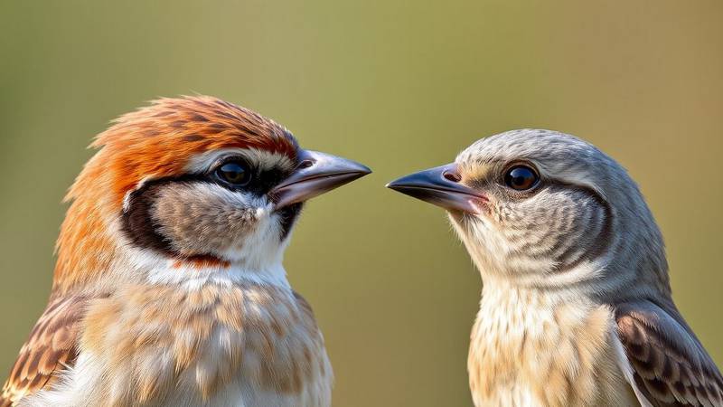 Visual comparison between a colorful male House Sparrow and a plain female House Sparrow.
