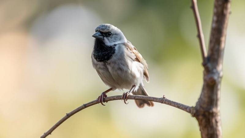 Male House Sparrow perched on a branch, showing its gray cap and black bib.