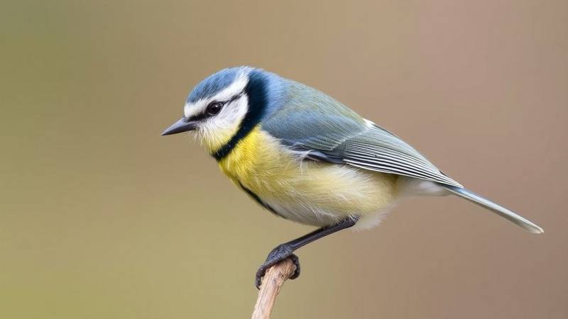 A juvenile Eurasian Blue Tit with yellowish cheeks and duller plumage.