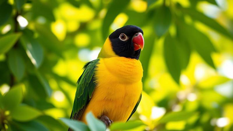 A Masked Lovebird with its distinctive black head, yellow collar, and white eye-ring.
