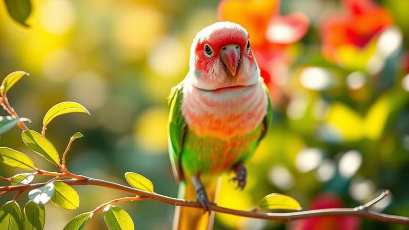 A pair of Rosy-faced Lovebirds on a branch.