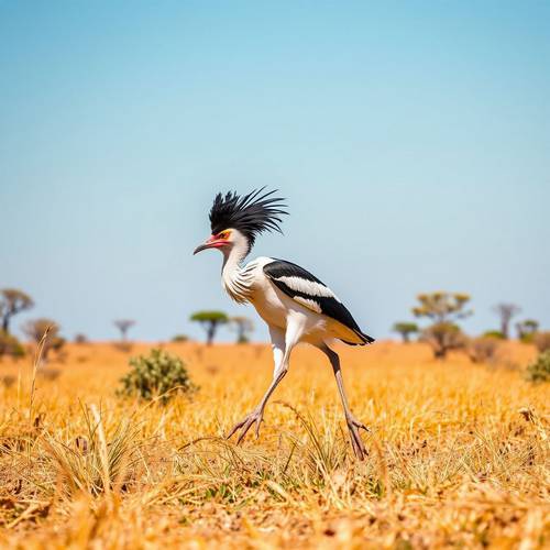 A Secretarybird walking in the African savanna.