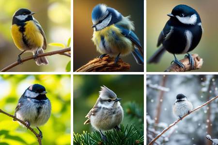 An illustration of six common European tit species.