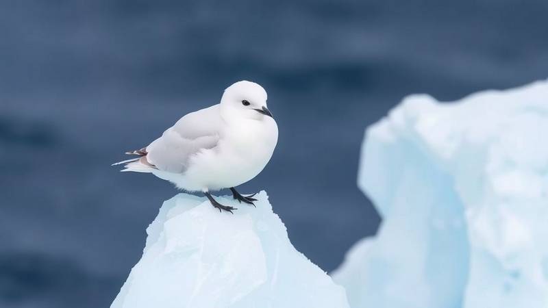 A pure white Snow Petrel perched on a blue iceberg in Antarctica.