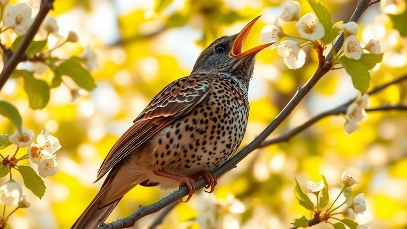 Song Thrush singing from the top of a tree.