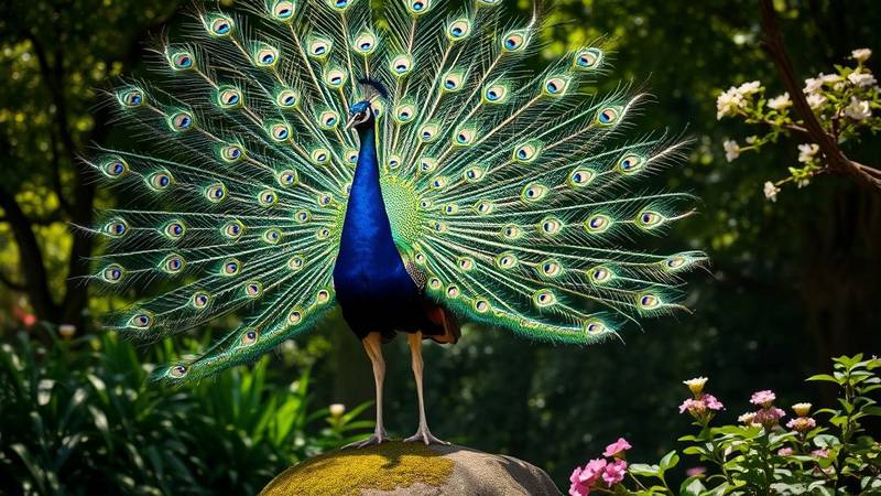 A magnificent male Blue Peacock displaying its wheel.