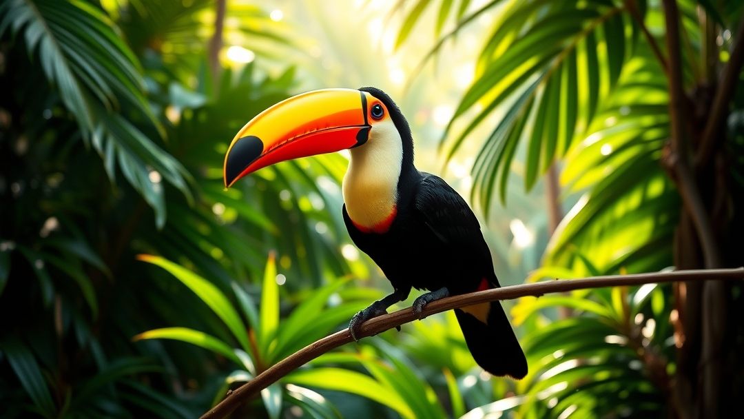 A Toucan with its large orange beak.