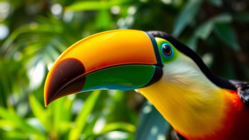 Close-up on the colorful beak of a toucan bird.