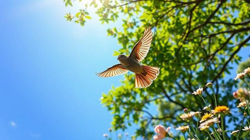 A Tree Pipit descending in its characteristic parachute-like song flight, wings held up and tail fanned.