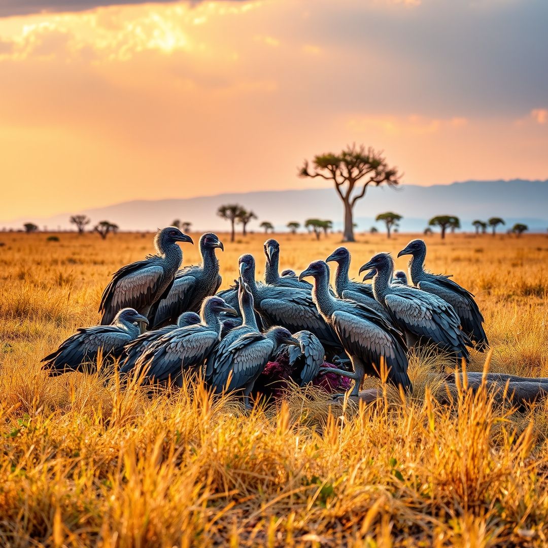 A group of White-backed Vultures on a carcass in the savanna.