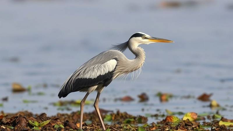 A heron, ducks, or other typical wetland birds on the water's edge.