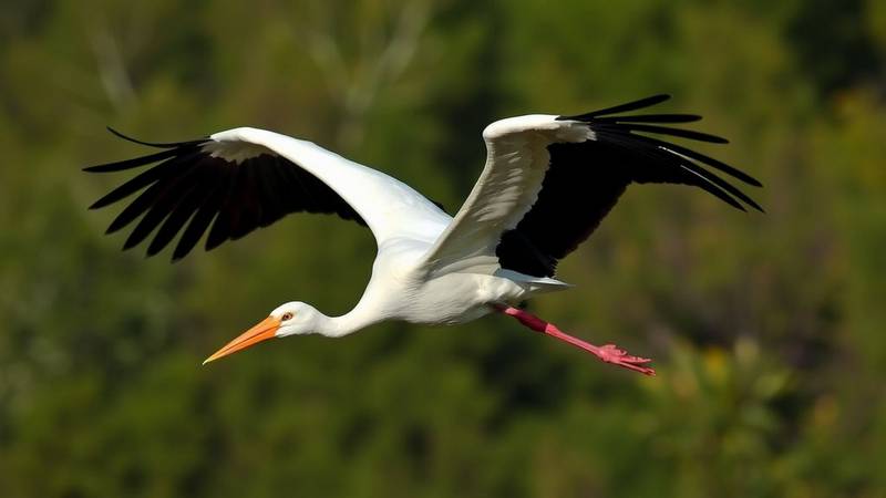A White Stork in flight, showcasing its impressive wingspan and black flight feathers.