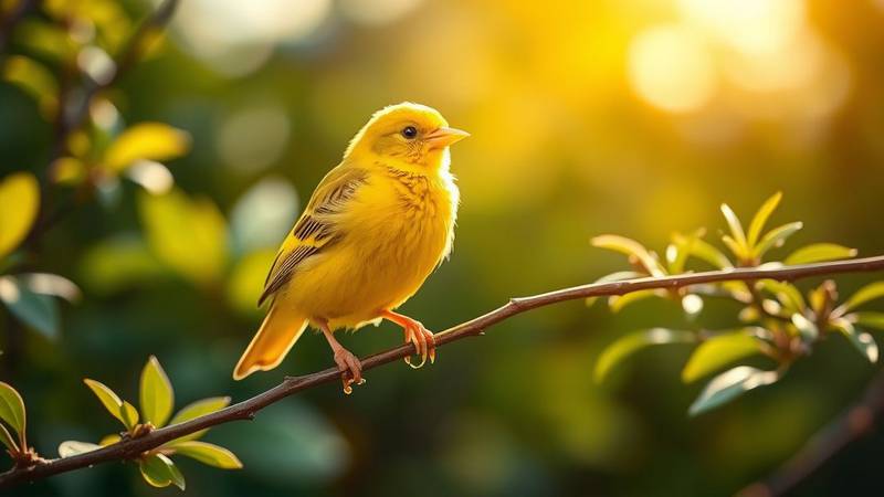 A bright yellow canary perched on a branch, singing with its beak open.